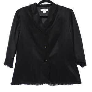 Shomi by Miller Shor 100% Silk Jacket Size‎ 8 Black Ruffle Trim Square Buttons